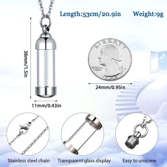 Silver Cremation Urn Necklace with stainless steel chain memorial vial NEW - Picture 3 of 3